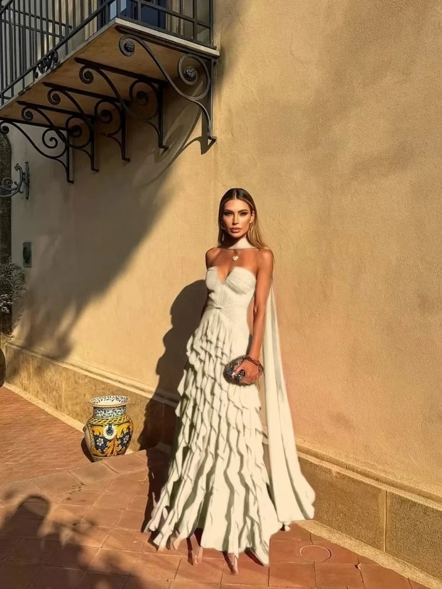 Tiered Ruffle Chiffon Ball Gown – Halter Sweetheart Prom Dress with Train
