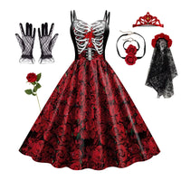 Women Halloween Skeleton Rose Dress Set Day of The Dead Cosplay Costume With Veil Crown Gloves For Carnival Party