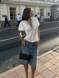 Lace-Trim Satin V-Neck Top