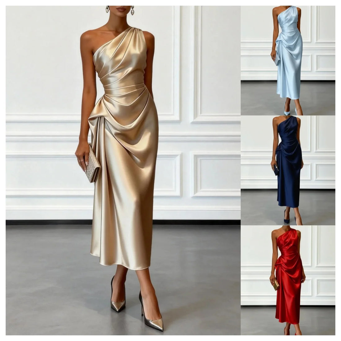 One-Shoulder Satin Ruched Midi Dress – Cocktail & Formal Dress
