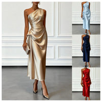 One-Shoulder Satin Ruched Midi Dress – Cocktail & Formal Dress