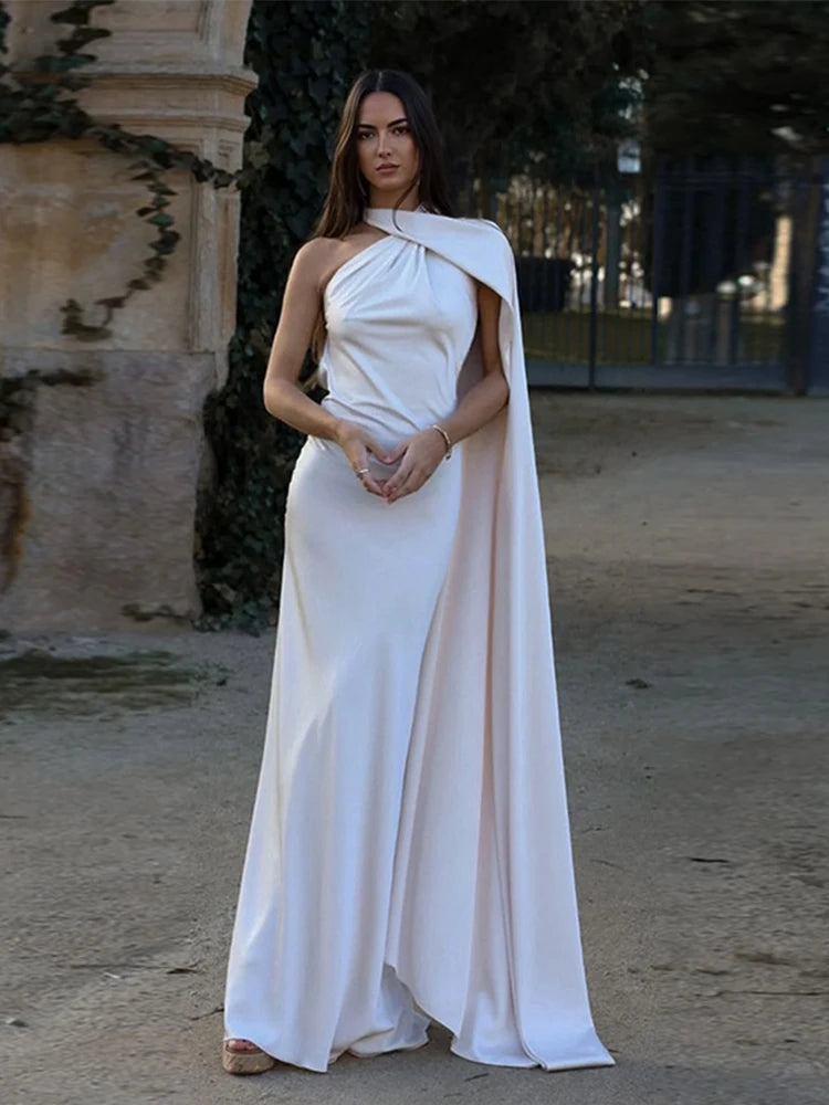 Sexy Satin Ribbon Party Dress Women Elegant Halter Backless Off Shoulder Sleeveless Female Dresses 2024 Summer Solid Robe Gown