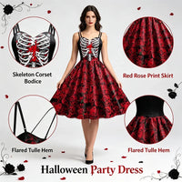 Women Halloween Skeleton Rose Dress Set Day of The Dead Cosplay Costume With Veil Crown Gloves For Carnival Party