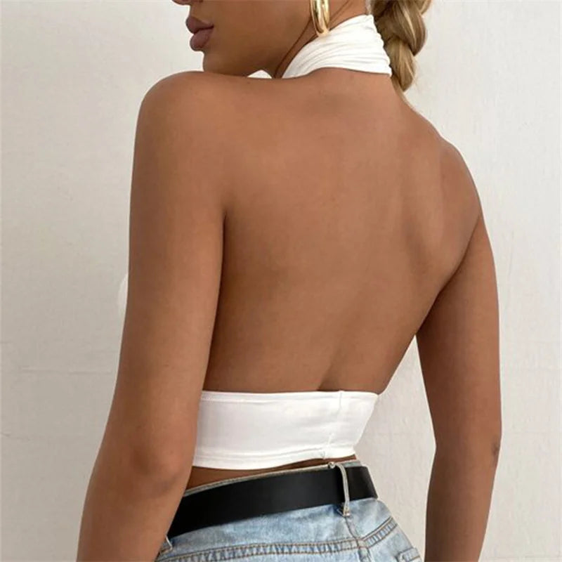 y2k Halter Top Women Summer Clothes Solid Color Sleeveless Backless Vest T Shirt 2000s Aesthetic Clothing Streetwear