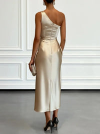 One-Shoulder Satin Ruched Midi Dress – Cocktail & Formal Dress
