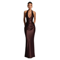 Olive Satin Plunge Halter Maxi Gown – Green Evening Dress