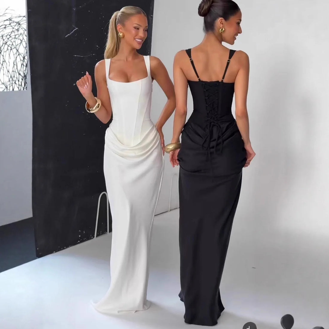 Backless Ruched Bandage Maxi Dress – U-Neck Bodycon Gown