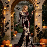Halloween White Bone Skeleton Embroidered Long Sleeved Dress Dark Rose Printing Flower Slimming Holiday Party Dress 2026