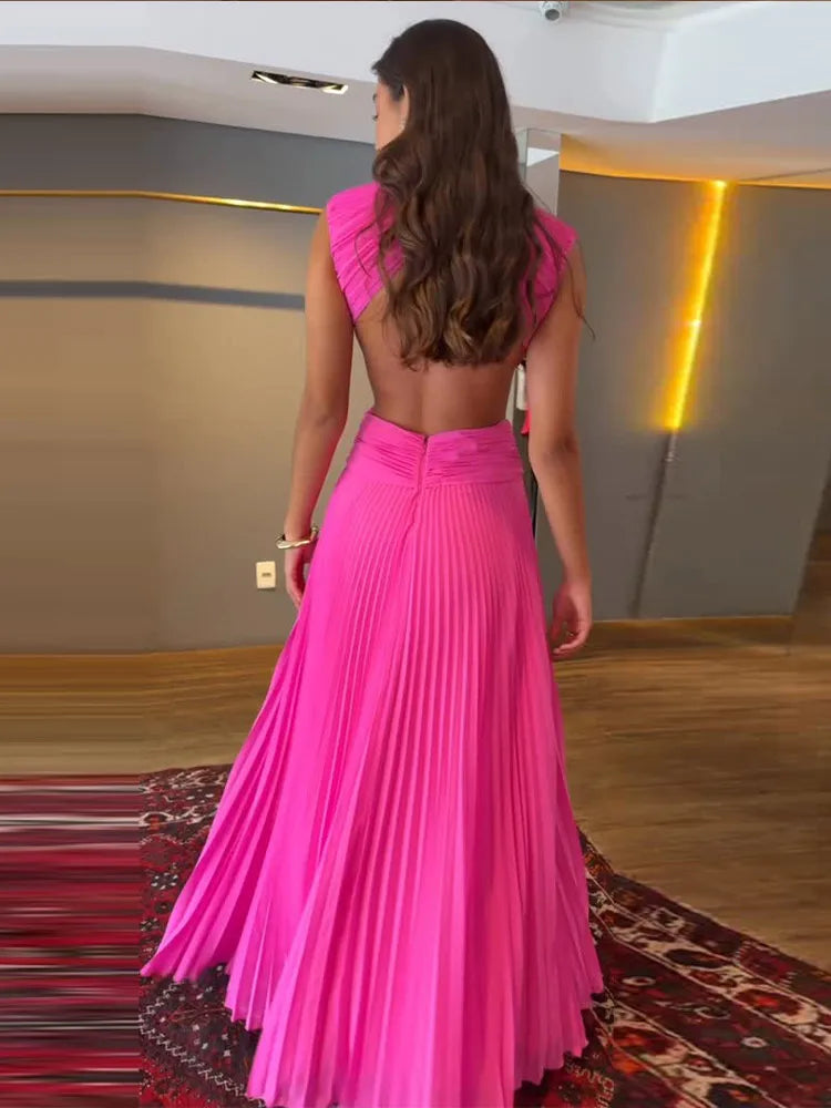 Pleated Cut-Out Maxi Dress – Sleeveless Backless Beach Dress