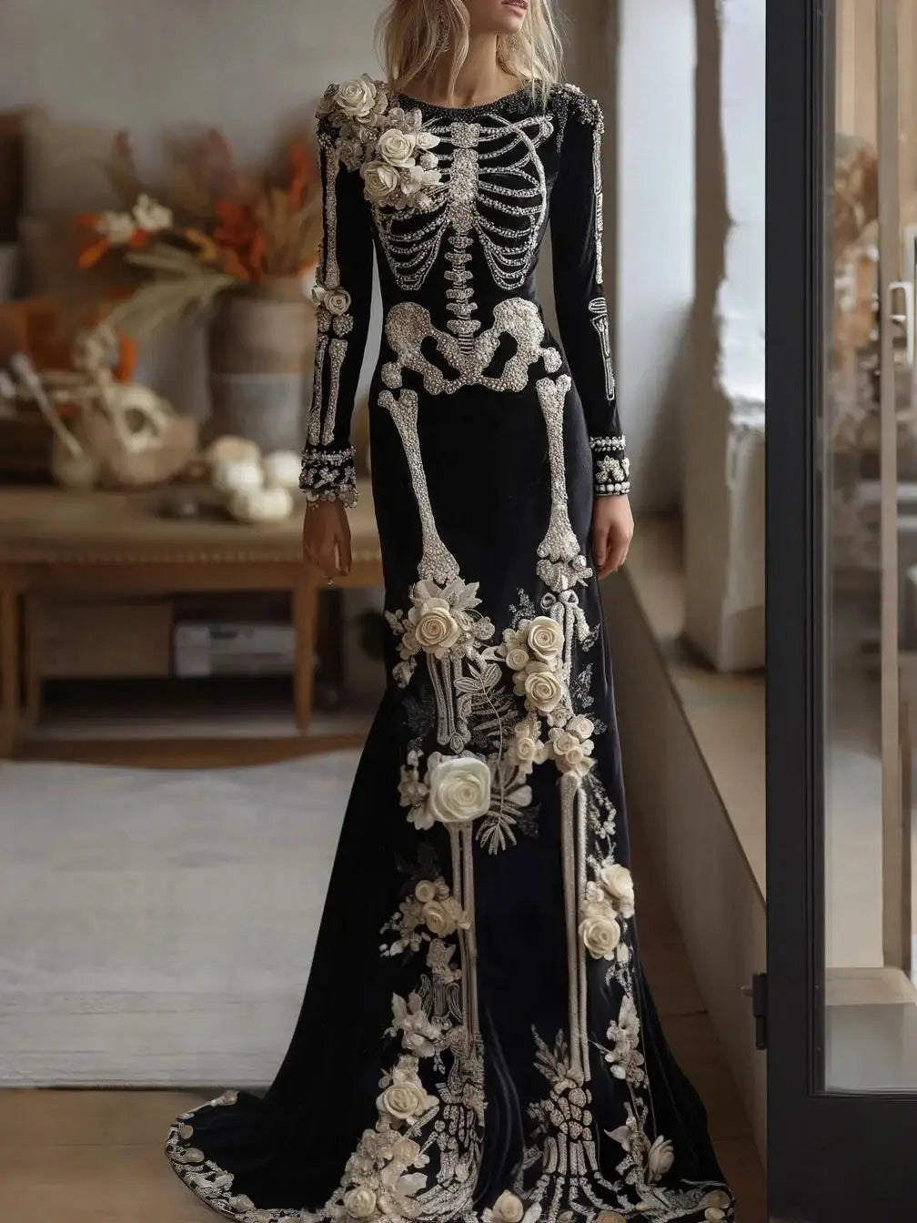 Halloween White Bone Skeleton Embroidered Long Sleeved Dress Dark Rose Printing Flower Slimming Holiday Party Dress 2026