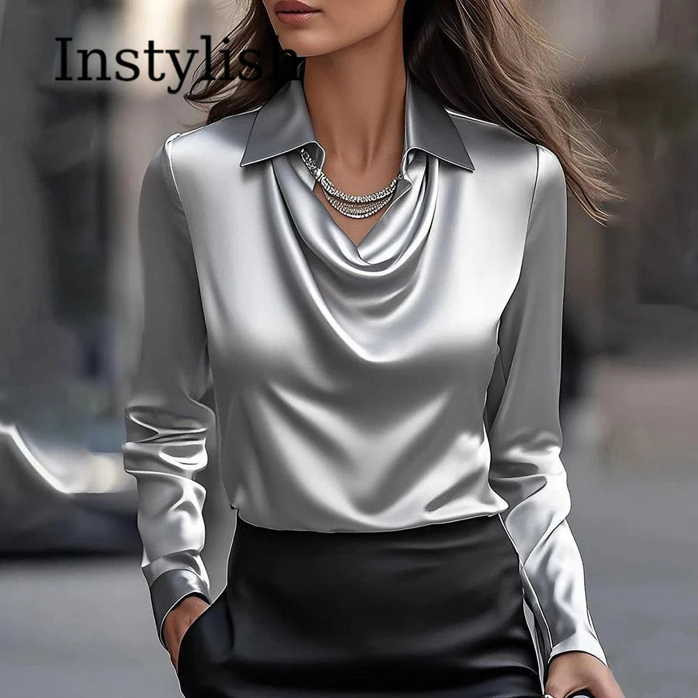 Close-up of the lapel V-neckline on the satin faux-silk shirt