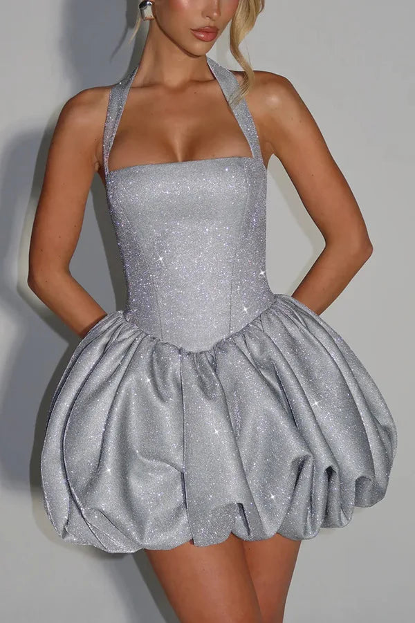 Silver Glitter Halter Bubble Hem Mini Dress – Holiday Party Dress