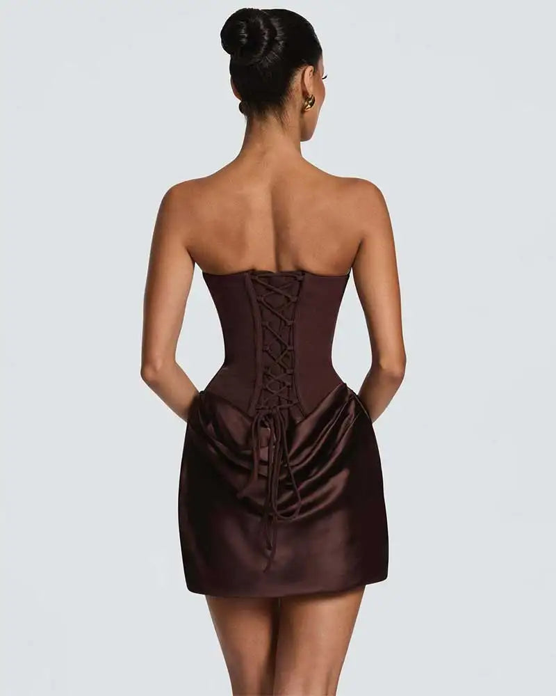 Red Strapless Corset Satin Mini Dress with Choker
