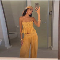 Women's Sheer Lace Backless Spaghetti Strap Top & Wide-Leg Pant Set – Beach Chic 2-Piece Suit