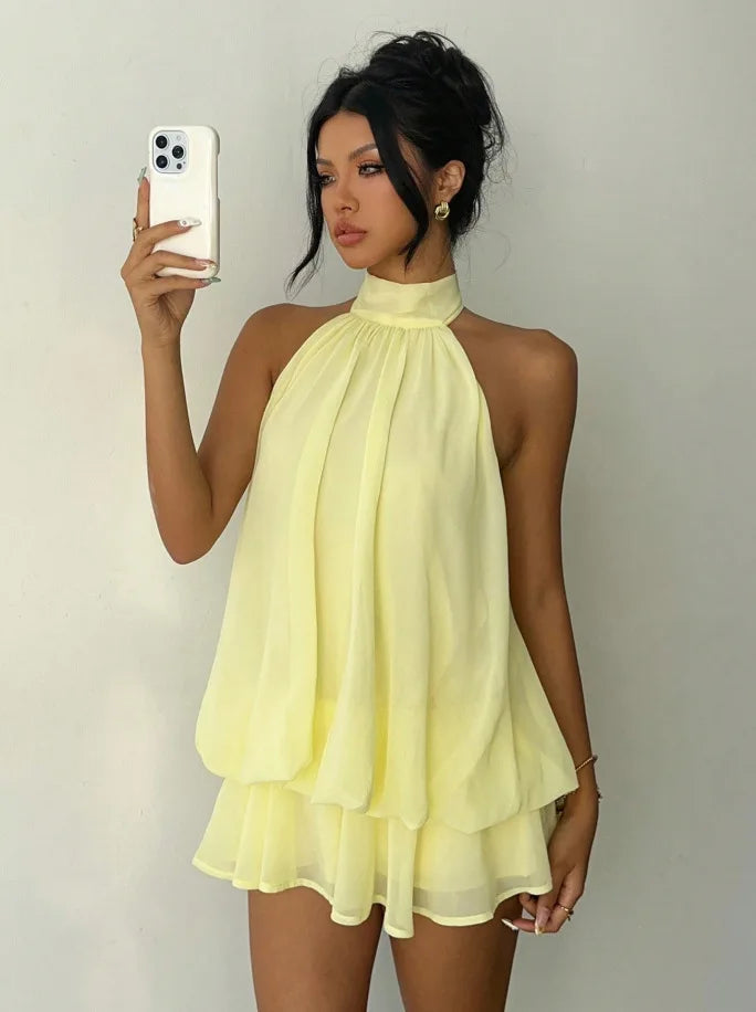 Women's Vacation Slim Fit Fashion Sexy Backless Halter Tie Waist Versatile Solid Color Dress, Stylish and Comfortable Summer