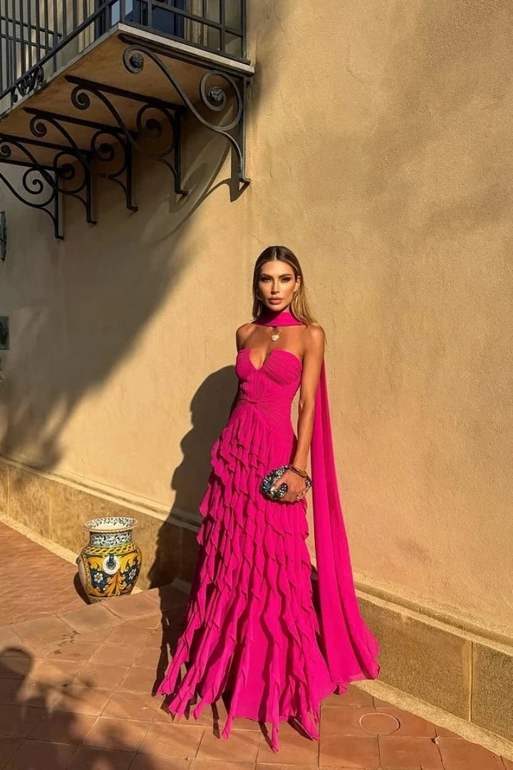 Tiered Ruffle Chiffon Ball Gown – Halter Sweetheart Prom Dress with Train