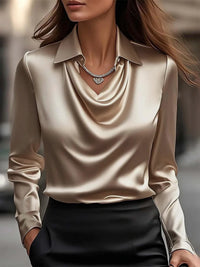 Satin V-Neck Blouse – Long Sleeve Loose Faux-Silk Shirt
