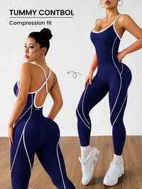 Contrast-Piping Open-Back Yoga Jumpsuit