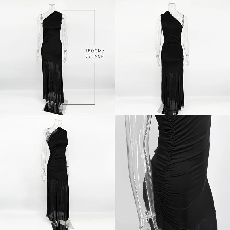 Ticketsx Off Shoulder See Through Dress Solid High Waist Patchwork Backless Slim Long Dress Women Vacation Party Evening Dresses