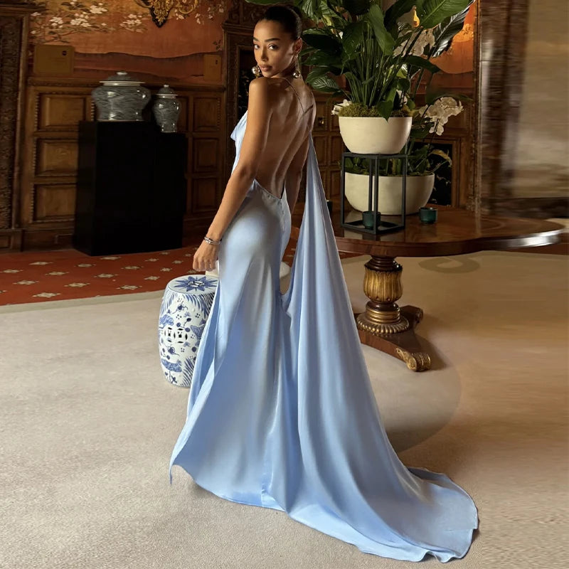 Elegant Satin Ribbon Backless Women's Long Dress Pleated V-neck Slit Beach Party Dresses 2026 Summer Lady Solid Evening Robes