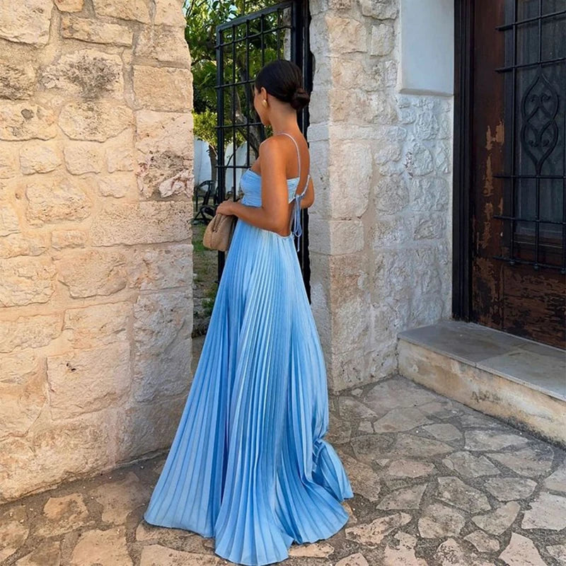 Pleated Cut-Out Maxi Dress – Sleeveless Backless Beach Dress