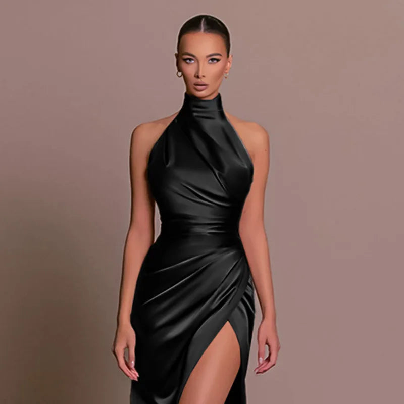 Retro Satin Halter Maxi Dress – High-Slit Waist-Cinching Gown
