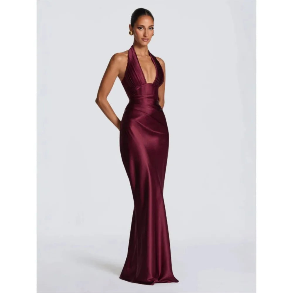 Olive Satin Plunge Halter Maxi Gown – Green Evening Dress