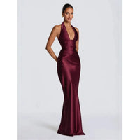 Olive Satin Plunge Halter Maxi Gown – Green Evening Dress