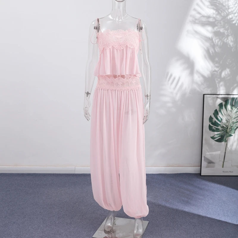 Women's Sheer Lace Backless Spaghetti Strap Top & Wide-Leg Pant Set – Beach Chic 2-Piece Suit