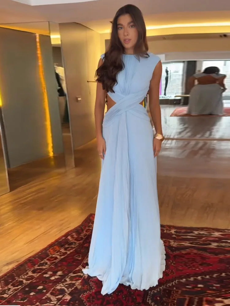 Pleated Cut-Out Maxi Dress – Sleeveless Backless Beach Dress