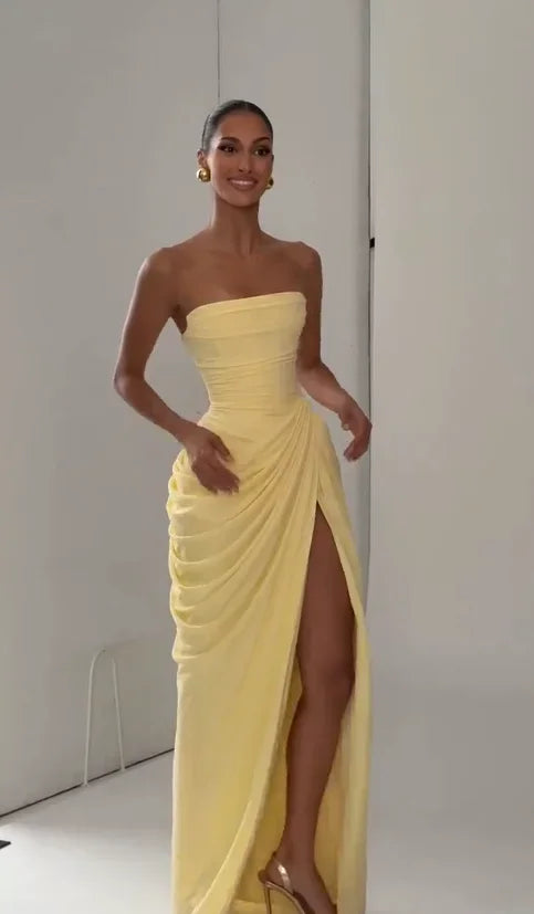 The Pleated Strapless Split Maxi Gown