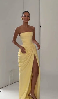 The Pleated Strapless Split Maxi Gown