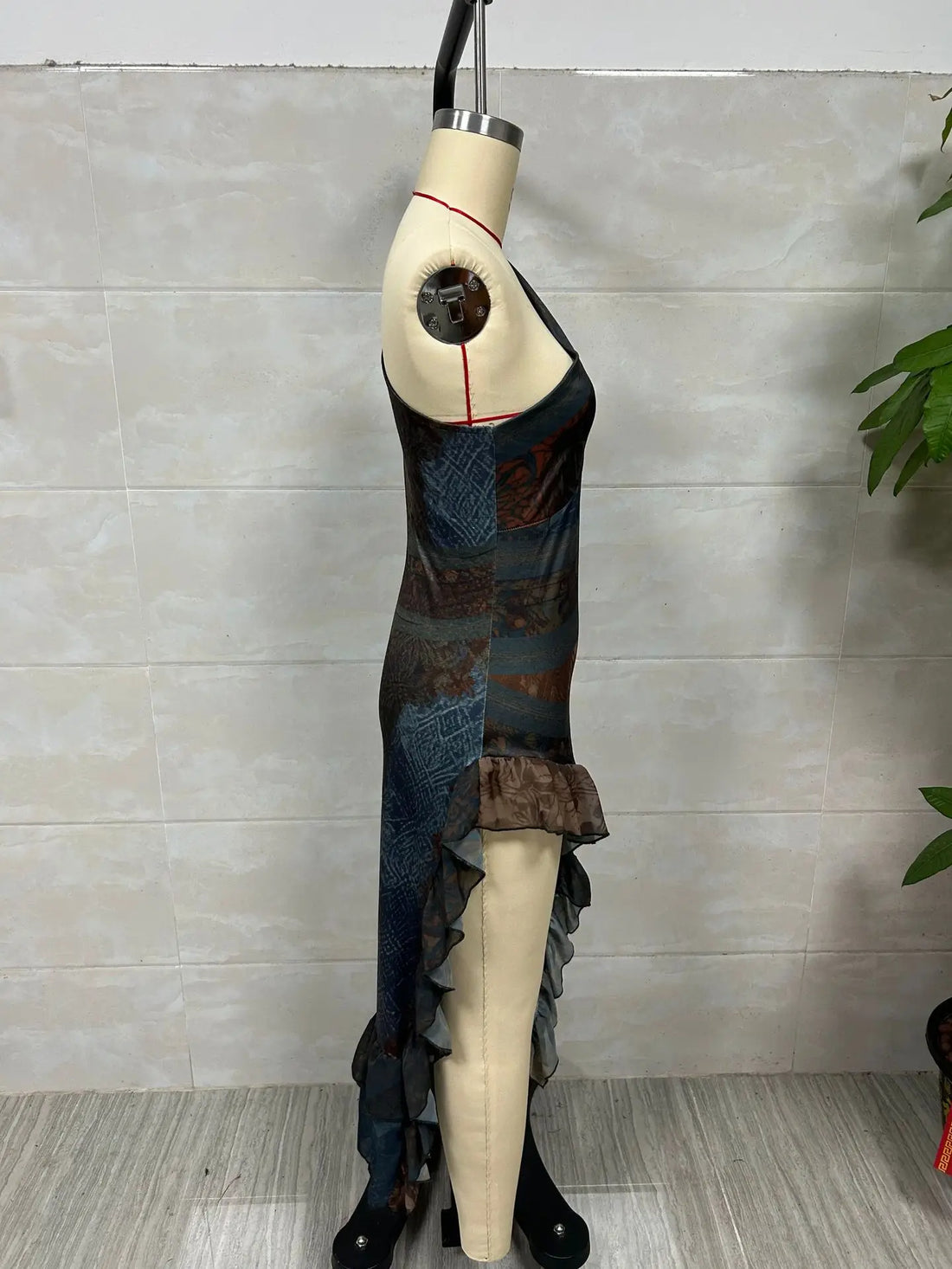 2026 New Retro Print Ruched High Split Ruffle Hem Long Dresses Woman Spring Sexy One Shoulder Slim Summer Party Boho Maxi Dress