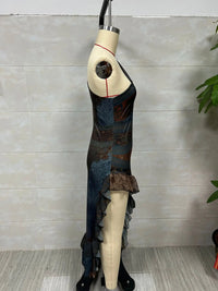 2026 New Retro Print Ruched High Split Ruffle Hem Long Dresses Woman Spring Sexy One Shoulder Slim Summer Party Boho Maxi Dress