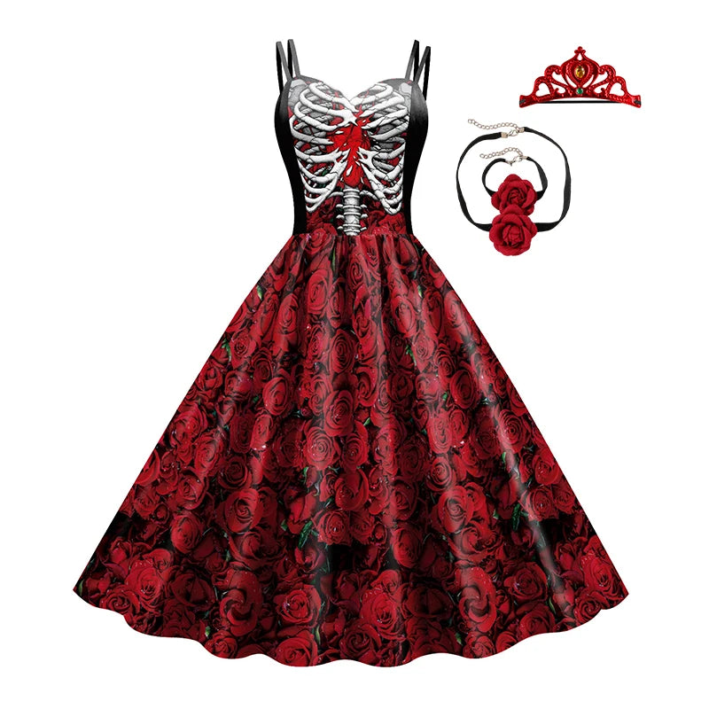 Women Halloween Skeleton Rose Dress Set Day of The Dead Cosplay Costume With Veil Crown Gloves For Carnival Party