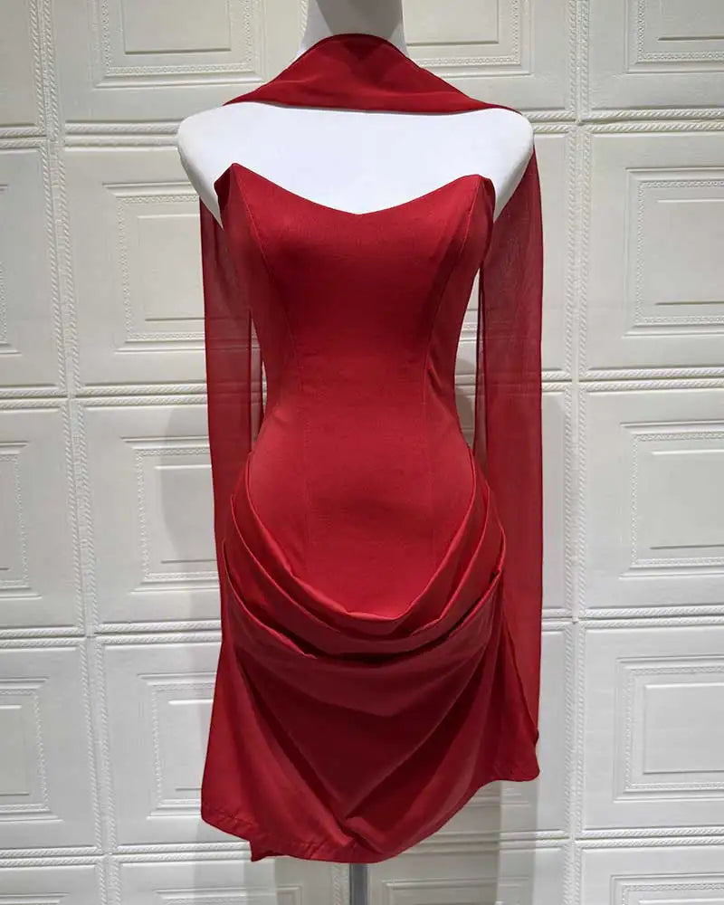 Red Strapless Corset Satin Mini Dress with Choker