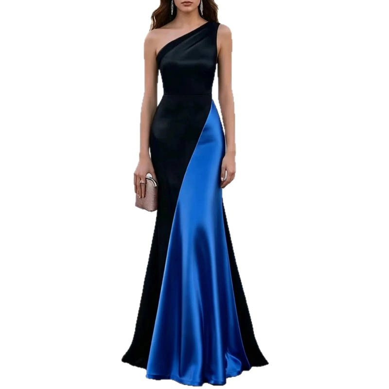 One-Shoulder Satin Mermaid Gown – Colour-Block Bodycon Dress