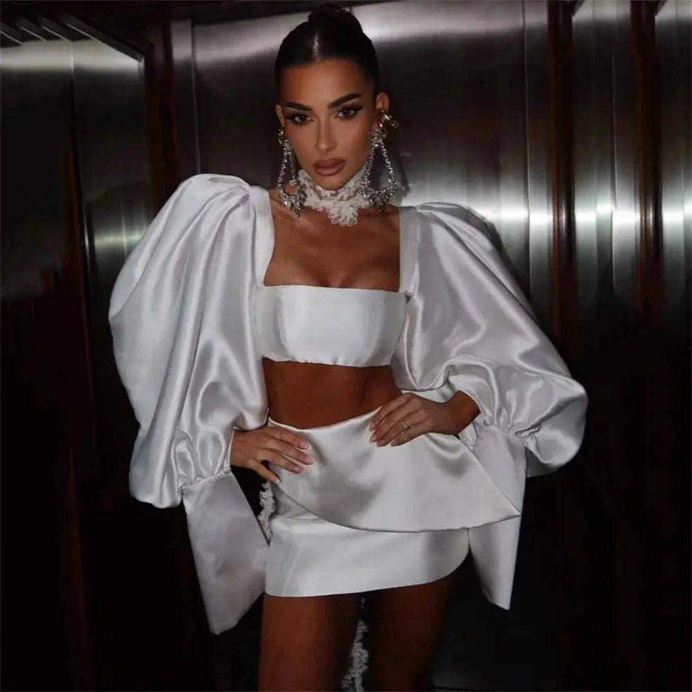 Satin Puff-Sleeve Two-Piece Party Dress