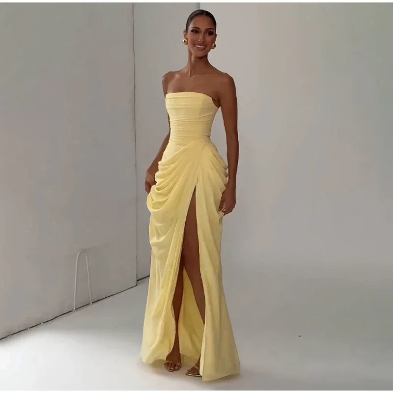 The Pleated Strapless Split Maxi Gown
