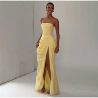 The Pleated Strapless Split Maxi Gown