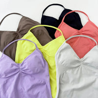 No Logo Seamless Longline Strappy Gym Top Backless Gym Clothes Women Scrunch Built-in Bra With Removable Cups Yoga Tank Tops