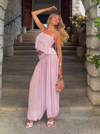 Women's Sheer Lace Backless Spaghetti Strap Top & Wide-Leg Pant Set – Beach Chic 2-Piece Suit