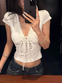 Lace-Trim Satin V-Neck Top