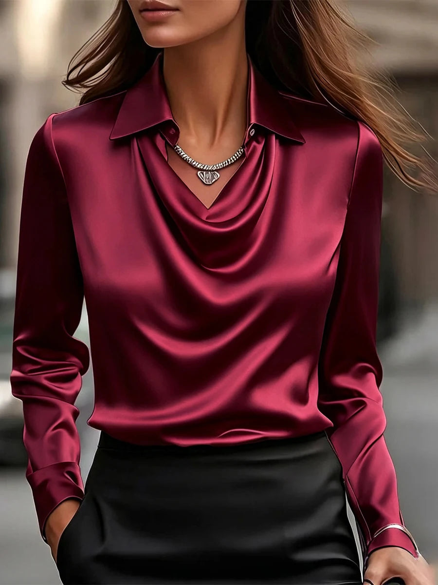 Satin V-Neck Blouse – Long Sleeve Loose Faux-Silk Shirt