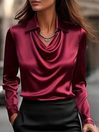 Satin V-Neck Blouse – Long Sleeve Loose Faux-Silk Shirt