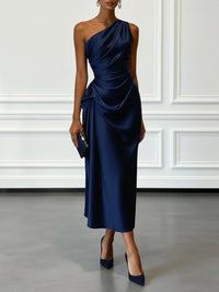 One-Shoulder Satin Ruched Midi Dress – Cocktail & Formal Dress