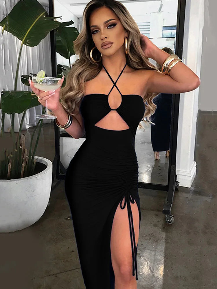 The Cut-Out Ruched Slit Midi Dress