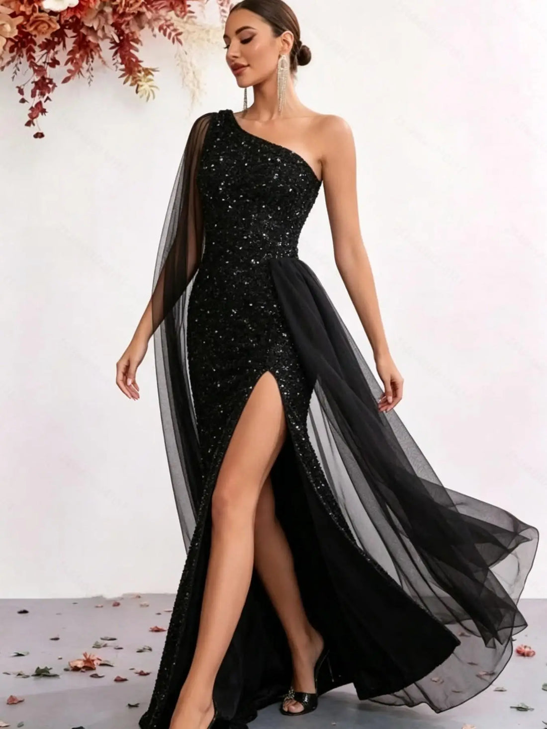 One-Shoulder Sequin Mermaid Gown – Tulle Panel Evening Dress