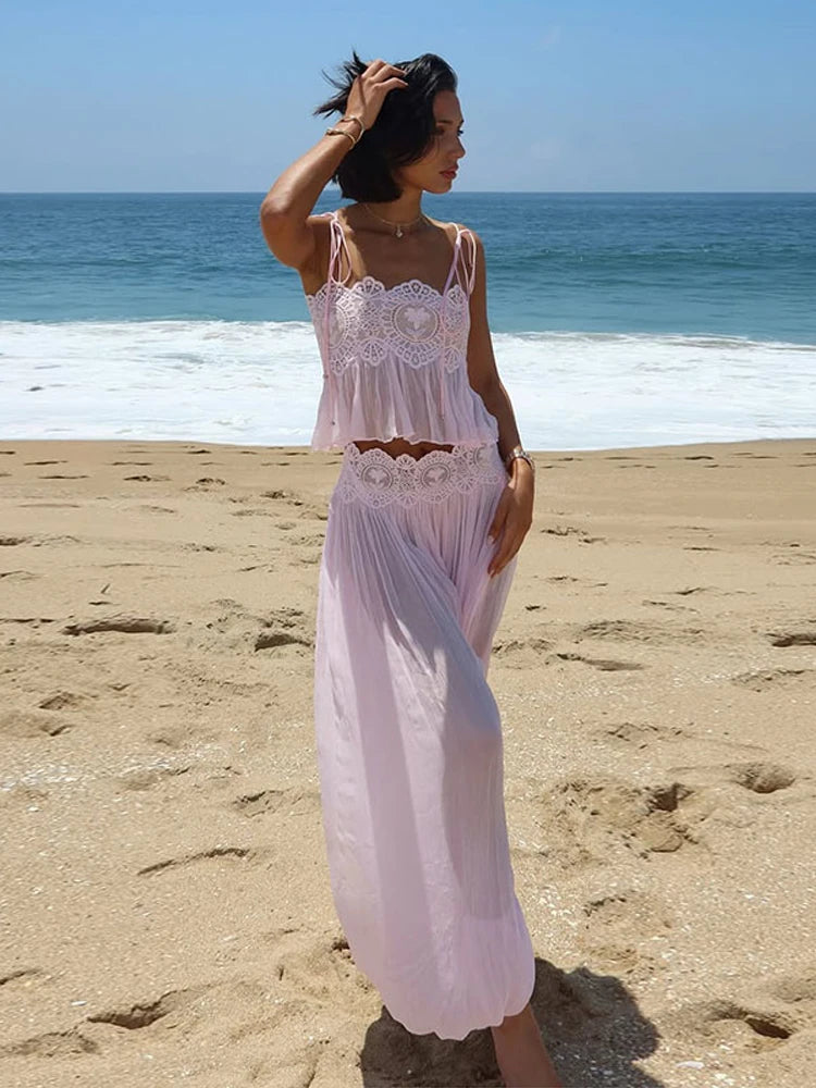 Women's Sheer Lace Backless Spaghetti Strap Top & Wide-Leg Pant Set – Beach Chic 2-Piece Suit