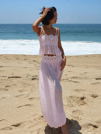 Women's Sheer Lace Backless Spaghetti Strap Top & Wide-Leg Pant Set – Beach Chic 2-Piece Suit